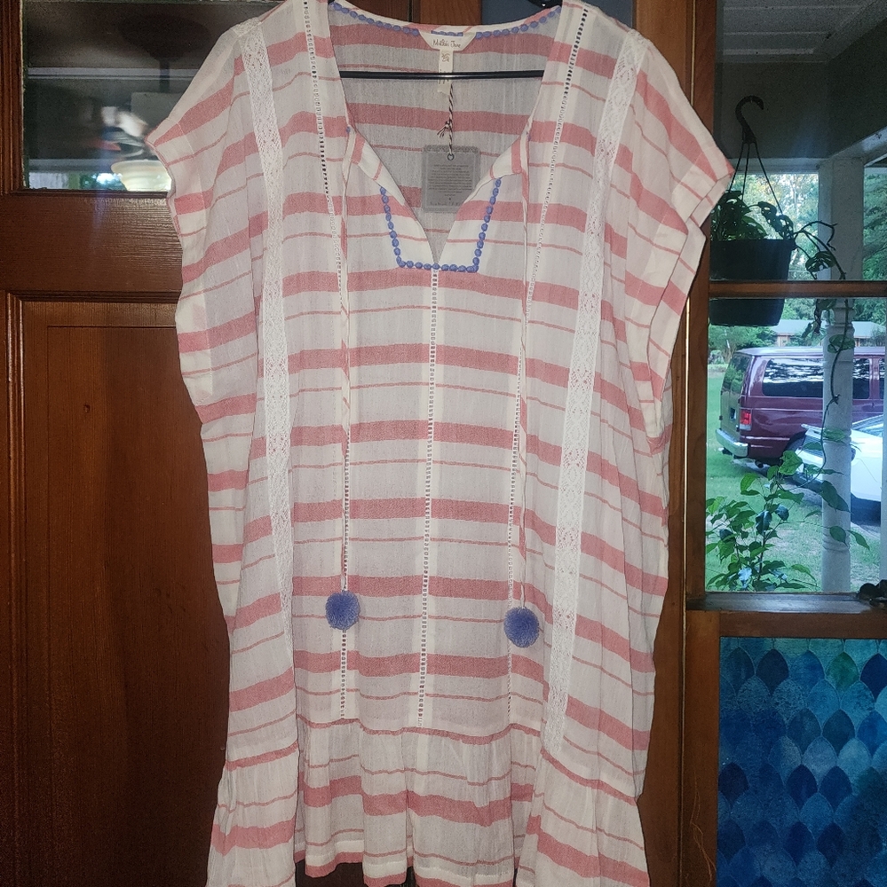 Matilda Jane Pink and White Striped Dress with Blue Details